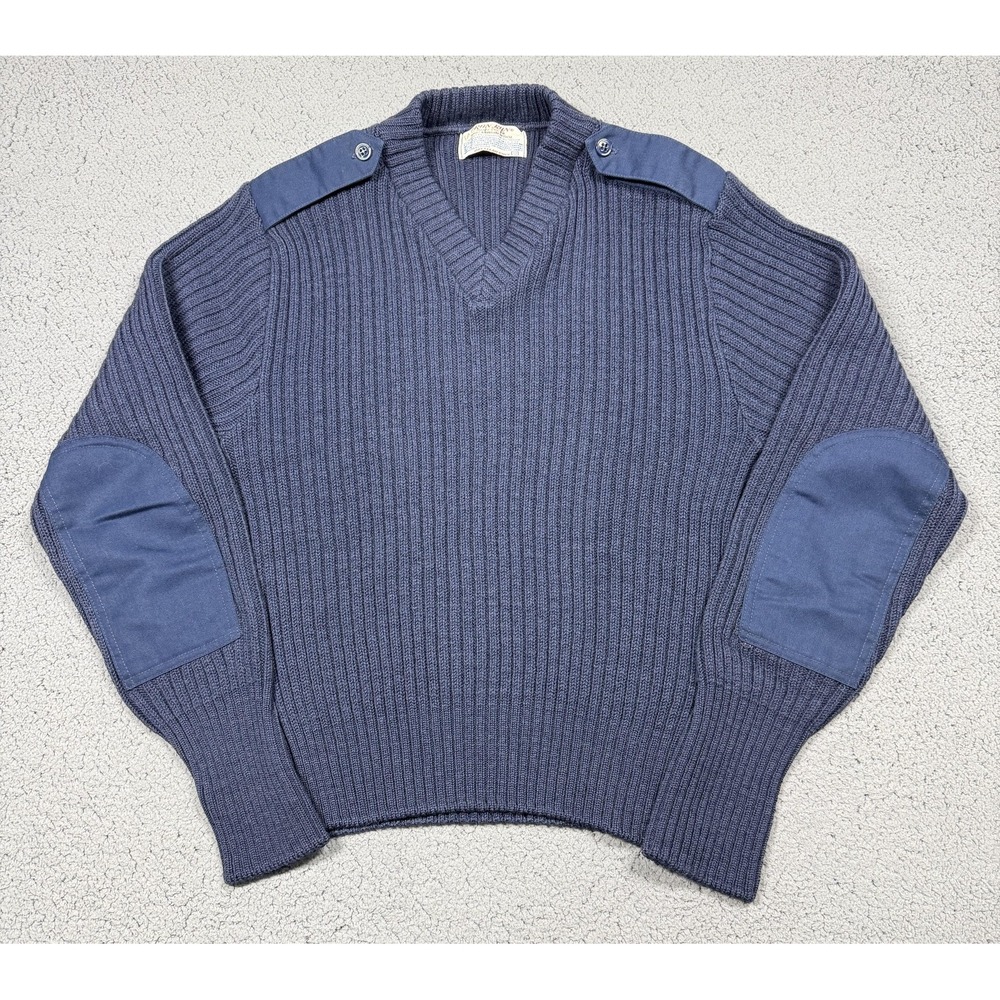 Vintage Iron Run Sweater Mens Large Blue Wool Commando V Neck Elbow Patches USAF